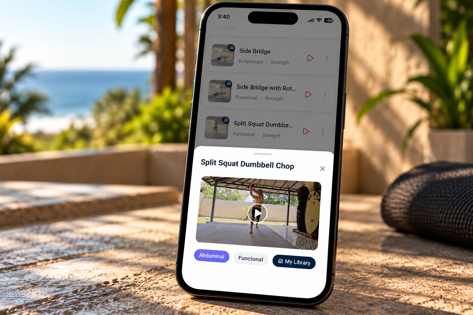 Illustrative exercise demonstration and workout logging screen