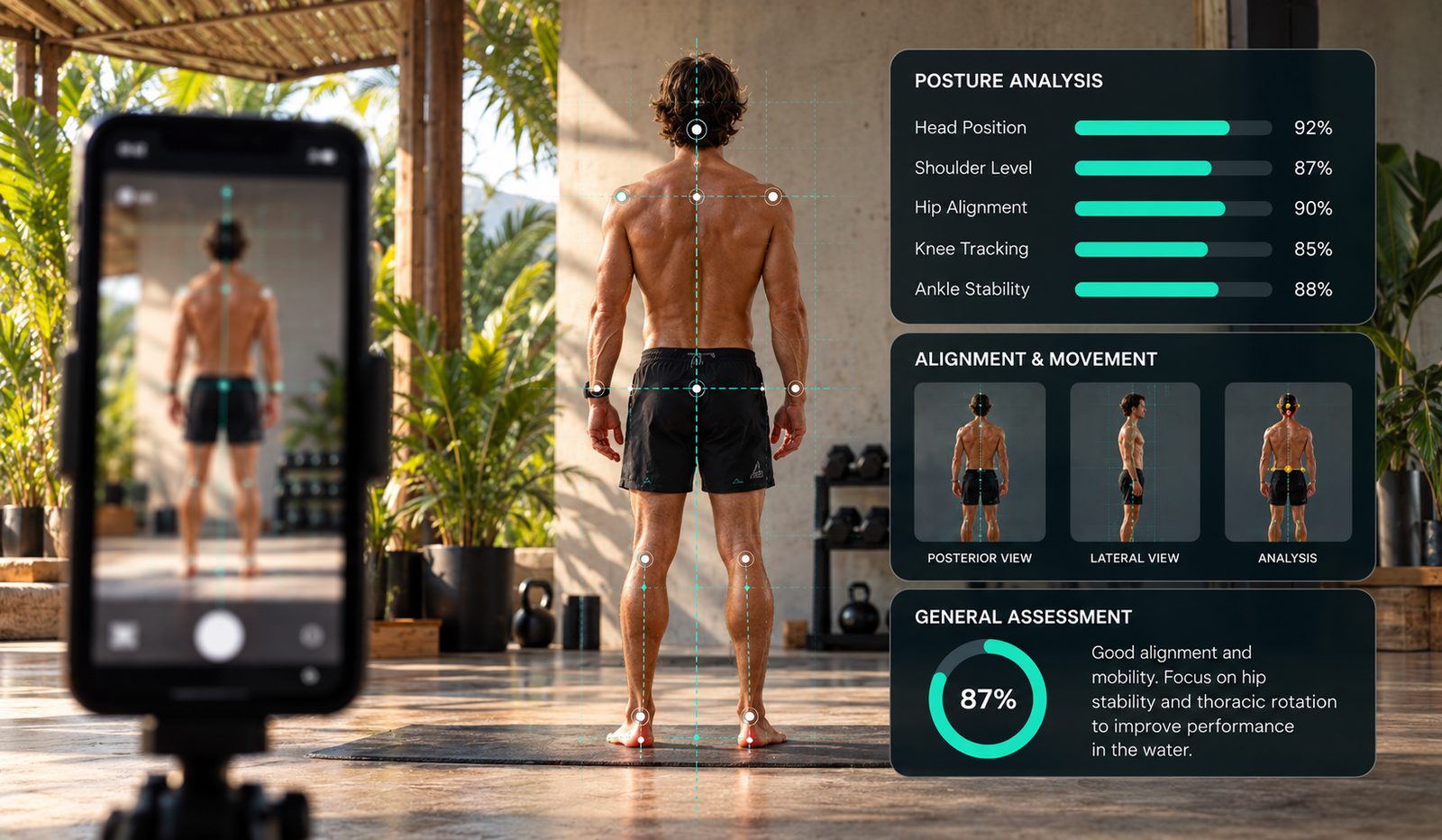 Conceptual visual of an AI posture report with front and side views and alignment markers